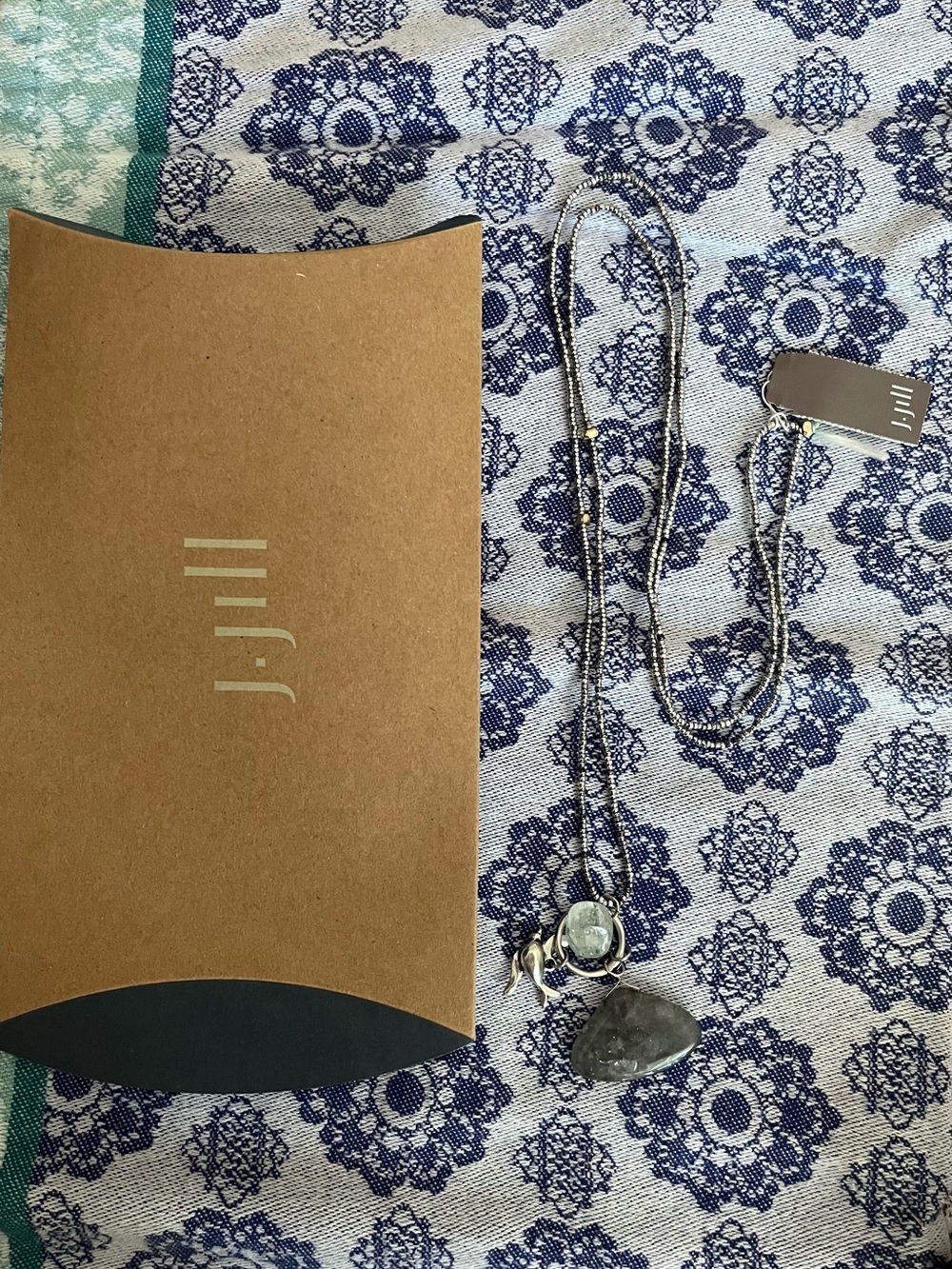J.Jill Long Silver with Gray and Blueish Stone and Bird Charm Necklace
